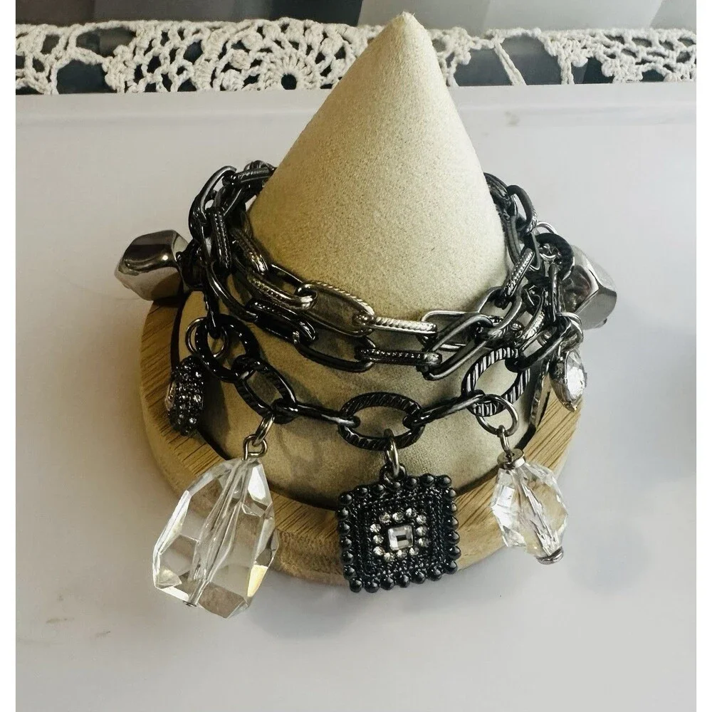 Gunmetal Multi Strand Charm Bracelet Crystal Rhinestone Chunky Statement 7